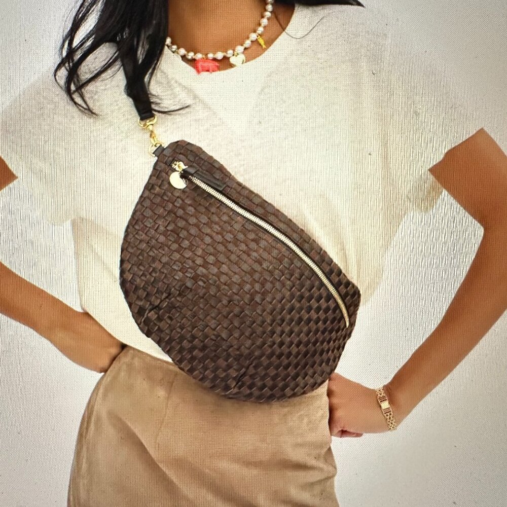 Clare V Grand Fanny Leather & Suede Woven Checker in Black/Chocolate NWT